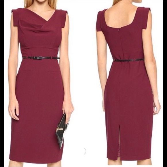 Black Halo Burgundy Jackie O Pencil Skirt Belted Sheath Dress Size M - Picture 2 of 15